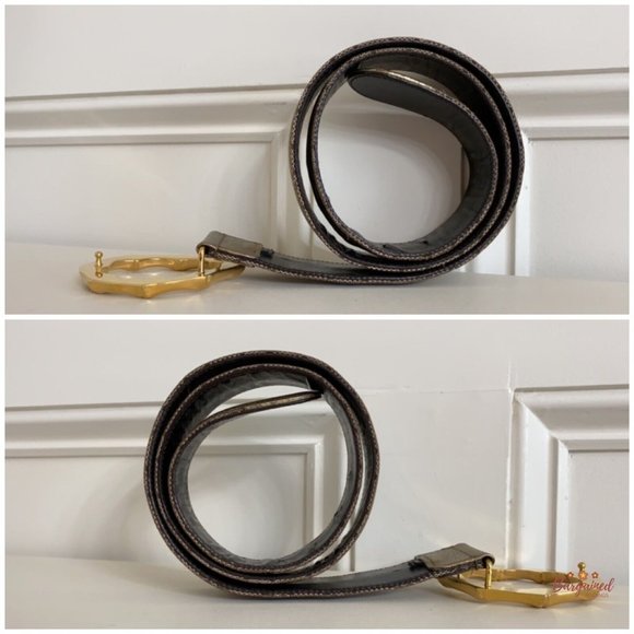 Auth Gucci Monogram Canvas Gold Metallic Leather Bamboo Metal Buckle Belt 88/34 - Picture 9 of 13